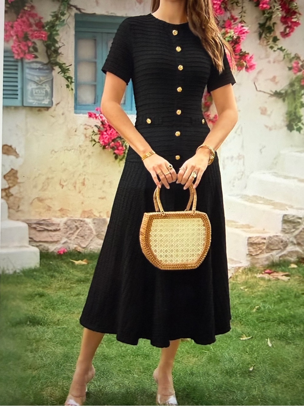 Elegant Long Knit A Line Dress with Short Sleeves and Gold Buttons - NWT- XL